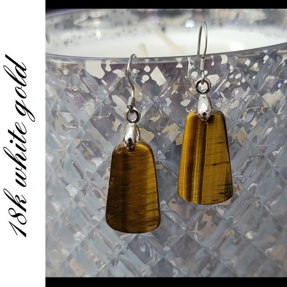 Genuine Tiger's Eye Stone Earrings with 18k White Gold Jewelry Clasp - Picture 9 of 10